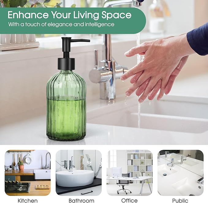 Topsky Glass Soap Dispenser with Black Plastic Pump, 400ml Army Green | Refillable Liquid Hand Soap Dispenser, Rustproof Pump for Kitchen & Bathroom, Great for Lotions, Essential Oil, Liquid Soaps