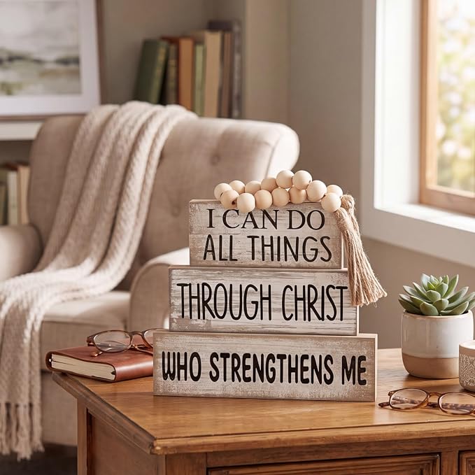Lineshading 4 Pcs Christian Wood Block Signs, Farmhouse Tiered Tray Decor | Rustic Tabletop Pieces with Beads, Inspirational Bible Verse, God Sign for Home Shelf, I Can Do All Things Through Christ
