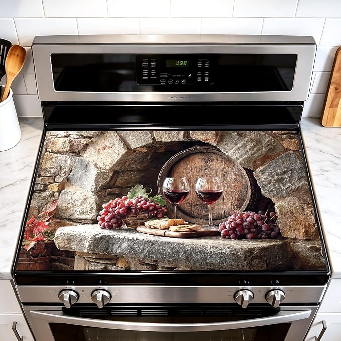 Wine Barrel Stove Top Cover, Tuscan Vineyard, 28x20 in | Stone wine cellar with oak barrel, red wine glasses and grapes; flat-printed non-slip mat; protects glass cooktops; 28x20 in