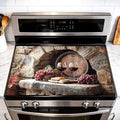 Wine Barrel Stove Top Cover, Tuscan Vineyard, 28x20 in | Stone wine cellar with oak barrel, red wine glasses and grapes; flat-printed non-slip mat; protects glass cooktops; 28x20 in