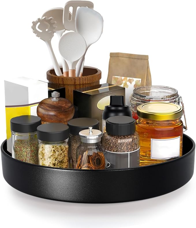 Metal Lazy Susan Organizer, 10 Inch Anti-Rust Turntable for Cabinet, Kitchen, Dining Table, Bathroom – Rotating Spice Rack, Spinner Storage, Round Carousel Organizer for Countertop Black
