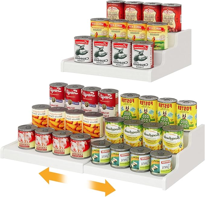 3-Tier Expandable Bamboo Can Organizer for Pantry, Holds 24 Cans, White | Adjustable Can Storage Rack for Kitchen Cabinets, Soda & Canned Goods Holder for Pantry Organization, White (Patent Pending)