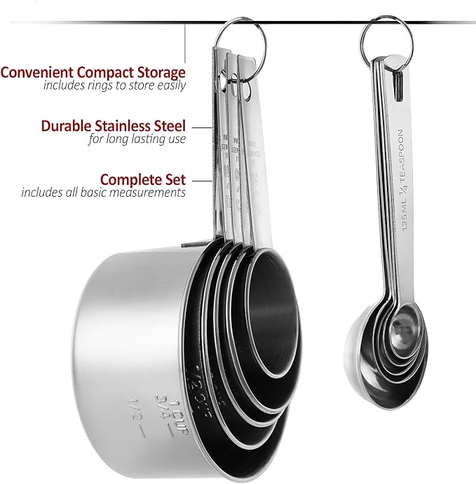 Laxinis World Stainless Steel Measuring Cups and Spoons Set, 10-Piece | Satin-brushed Steel, Engraved Metric and US Standard Markings, Elongated Handles, Nesting Ring Storage, and Dishwasher Safe