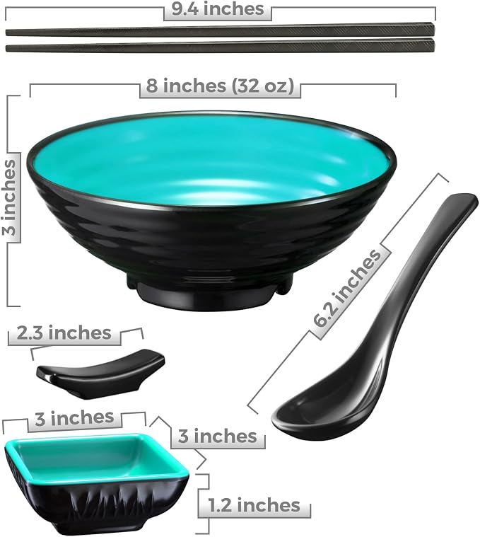 Unbreakable Ramen Bowl Set with Chopsticks and Spoon: 2 large Japanese Style Melamine Ramen Bowls, Dipping Bowls and Chopstick Stands for Asian Pho Soup Thai Miso Udon Wonton (2 Bowl Set, Teal-Black)