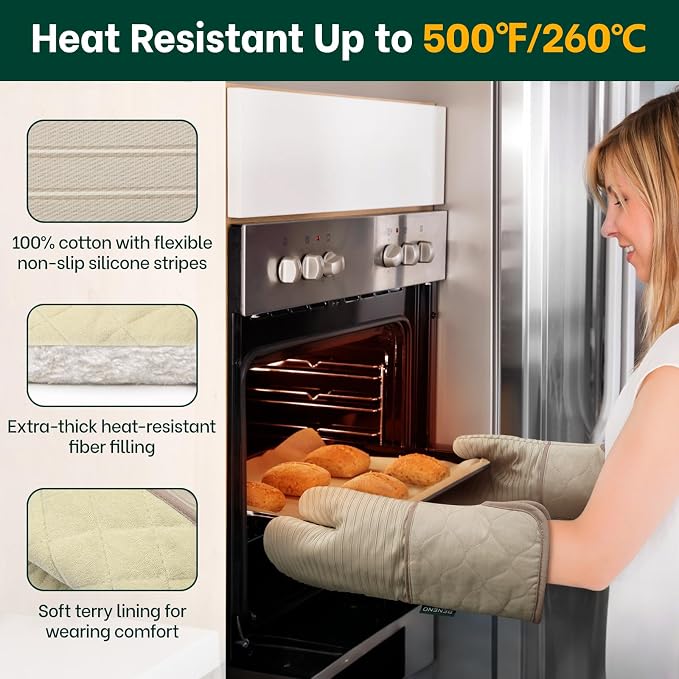 Beneno Heat Resistant 500°F Kitchen Oven Mitts 2-Pack, 7.5"x14.3", Beige | Textured Non-Slip Silicone Grip, Extra Long Forearm Protection, Soft Quilted Cotton Terry Lining, Ideal for Baking & Grilling