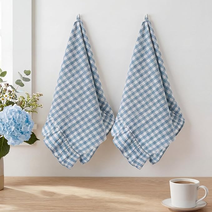 HunnmingRe 2 Pcs Dusty Blue Gingham Kitchen Towels Cotton Ruffle Dish Towel | 100% Cotton Dish Cloths, 18x28 Inch Tea Towels For Farmhouse Gifts, Soft Absorbent, Drying Dishes, Classic Plaid Pattern