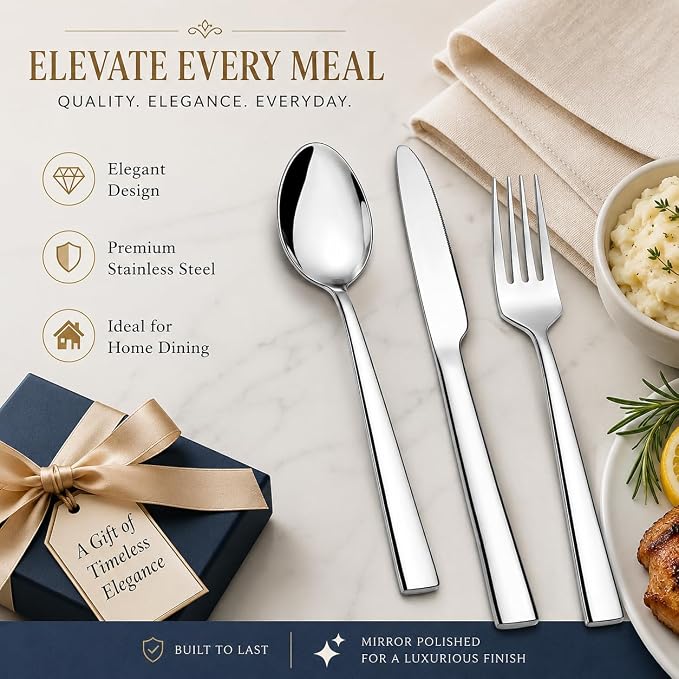 12-Piece Stainless Steel Silverware Set for 4, Mirror Polished Flatware Set Includes 4 Dinner Knives, 4 Dinner Forks & 4 Dinner Spoons, Dishwasher Safe Cutlery Set for Home Kitchen Restaurant