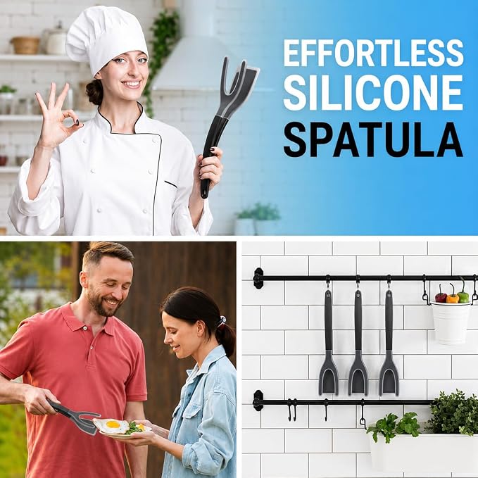 Silicone Egg Flipper Spatula Tongs (Set of 1) – Non-Stick 2-in-1 Grip & Flip Kitchen Tongs for Pancakes, Fish, Eggs, and More – Heat Resistant Cooking Tool (Black)