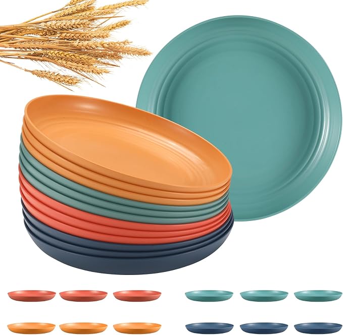 HEYCOME 12 Pcs Unbreakable Deep Dinner Plates Set, 10 inch Reusable Plastic Wheat Straw Plates, Microwave and Dishwasher Safe Plate for Kitchen, Lightweight Plate for Dessert, BPA Free, 4 Colors