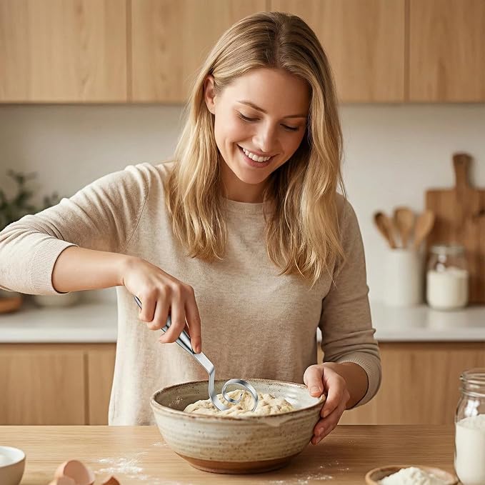 Maxjoy Danish Dough Whisk, Seamless Stainless Steel Sourdough & Bread Tool | Dutch Dough Hook, Replaces Mixer Spoon & Stick, Food Grade & Rust Resistant, Easy Clean & Dishwasher Safe, Baking Stirrer