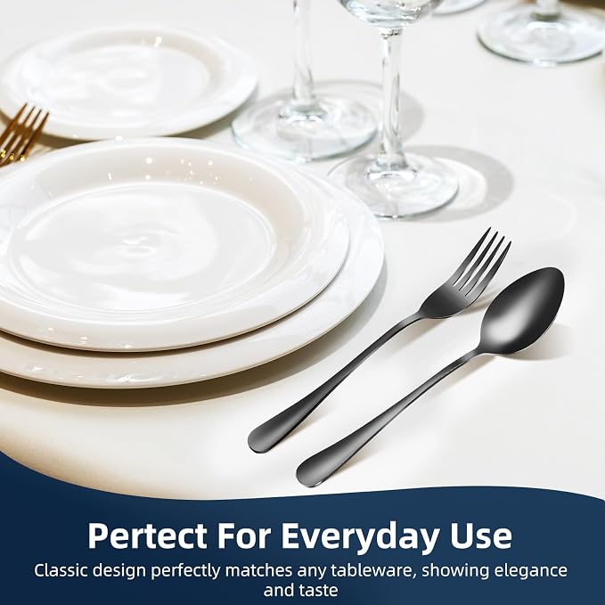 12 Pieces Spoons and Forks Set,Food Grade Stainless Steel Flatware Cutlery Set,6 Forks(6.8 inch)and 6 Spoons(6.6inch)Silverware Set for Home,Kitchen,Restaurant-Mirror Polished & Dishwasher Safe(Black)
