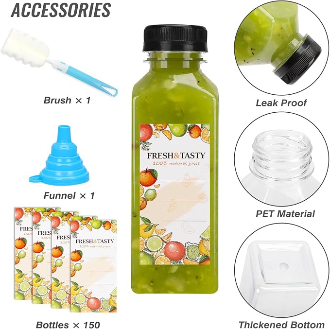 150pcs 12oz Plastic Juice Bottles with Caps, Sticker Labels, Brush | Reusable Plastic Juice Bottles with Lids and Labels, Funnel, Brush Beverage Containers for Juicing, Smoothies, Tea, Milk