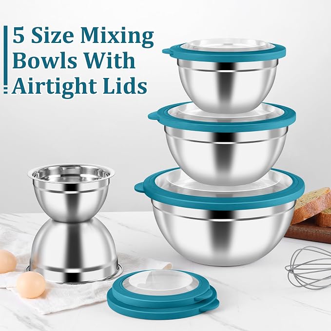 P&P CHEF Metal Mixing Bowls with Lids Set, Visible Airtight Lids & Blue | 5 PCS Stainless Steel Mixing Nesting Bowls for Kitchen Prepping, Storing, Healthy & Easy Clean, Size 4.6, 3, 1.5, 1, 0.7 QT