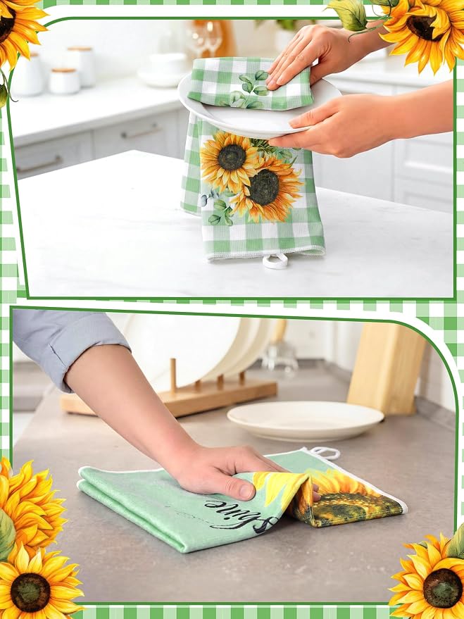 4 Pcs Sunflower Kitchen Towels Sage Green Hand Dish Towels Gifts | Absorbent Sunshine Grid Fast Drying Tea Clothes Floral Decor Housewarming Gift for Cooking Bathroom Kitchen Decor