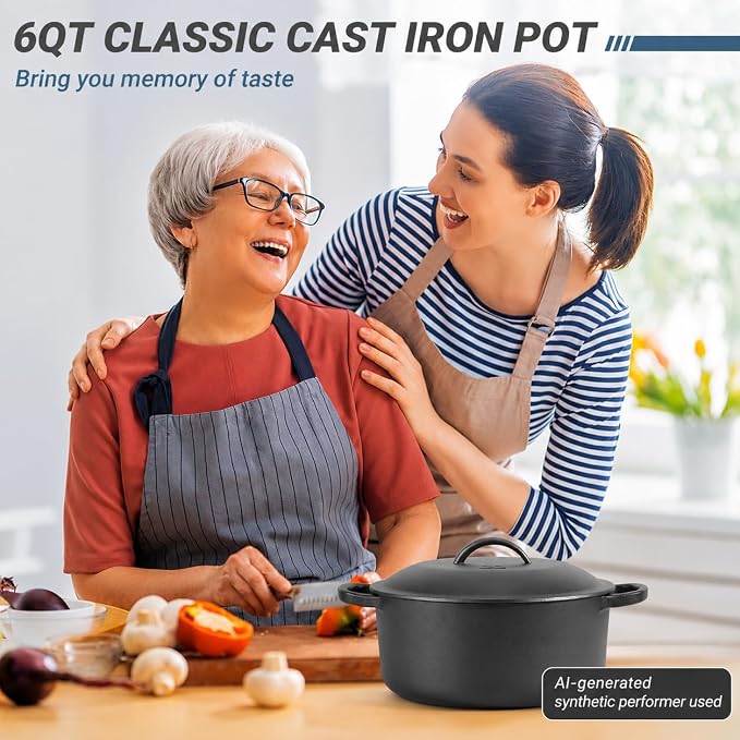 Northriver Casting 6 QT Basics Cast Iron Dutch Oven Pot with Lid and Dual Handles, Oven Safe up to 500°F Large Cooking Pan,Bread Oven