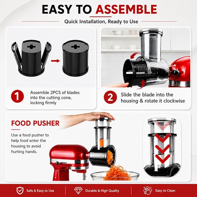 5-Blade For KitchenAid Shredder Attachment Fit Kitchenaid Mixer All Models | Large Feed Chute Cheese Grater, 304 Stainless Steel Blades, Vegetable Shredder, Kitchen Aid Accessories and Attachments