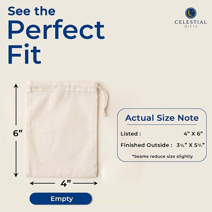 Celestial Gifts Cotton Muslin Bags, 100pcs, 4x6 Inches, Made in USA | Reusable Drawstring Bags For Party Favors, Herbs & Spices, Natural Cotton For Eco Friendly Storage, DIY Crafts & Tea Sachets