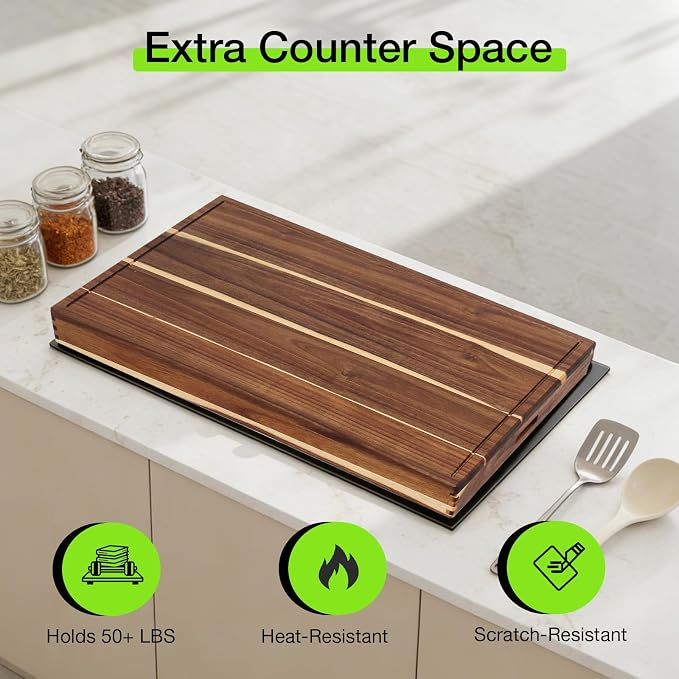 FAHKNS Natural Acacia Wood Noodle Board Stove Cover, 30 X 22 X 2.4" | Multifunctional Stove Cover for Electric Gas Stove Top, with Handles & Juice Groove, Use as Serving Tray, Cutting Board