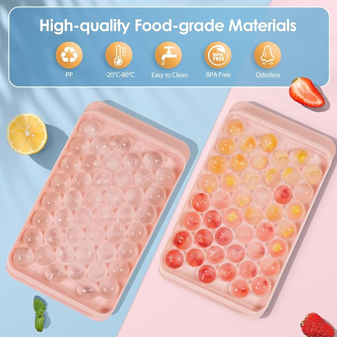 Ice Cube Tray with Lid and Bin, 0.8" Round Ice Trays for Freezer | 2 Pink Ice Cube Trays with Ice Box & Tong, 0.8" Round Ice Balls for Iced Coffee & Juice, Easy Twist Release, For Gatherings