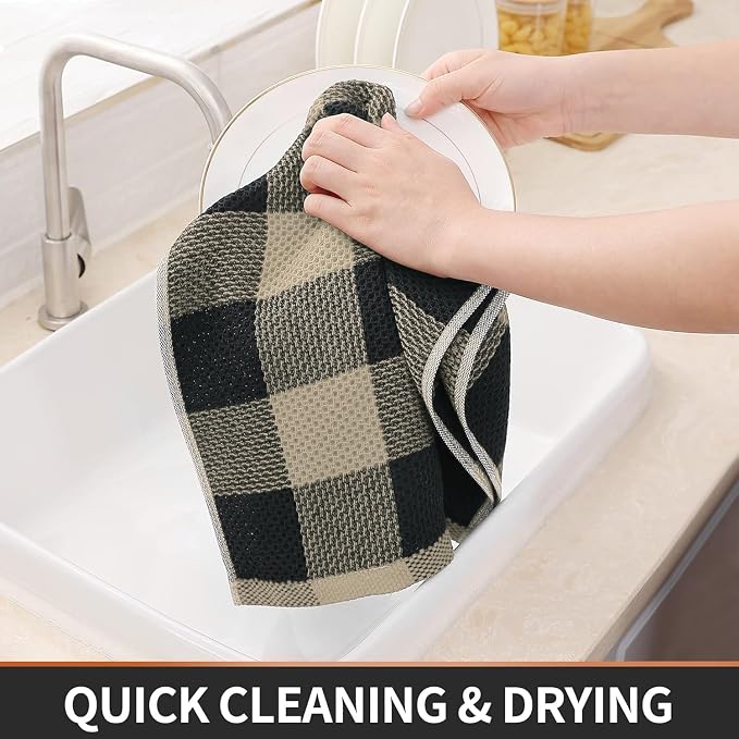 Homaxy Kitchen Towels and Dishcloths Set, Set of 10, Black & Tan | Bulk Cotton Waffle Weave Check Plaid Kitchen Towels, Super Soft and Absorbent Dish Cloths, 12 x 12 and 13 x 28 Inches