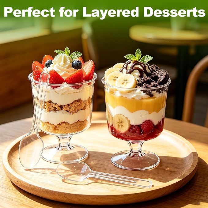 Ginkgo 60 Pack (120-Piece) 5 oz Plastic Stemmed Dessert Cups with Spoons | Sturdy & Food Safe Disposable Clear Mini Parfait & Pudding Cups for Party Appetizers, Cake, Jello & Yogurt Shots