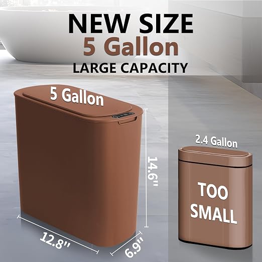 TIPGO 5 Gallon Automatic Bathroom Trash Can with Lid, Brown, Touchless | Motion Sensor, Slim Smart Garbage Bin, Plastic Wastebasket, Battery Operated, Manual Button, for Bedroom, Office,RV