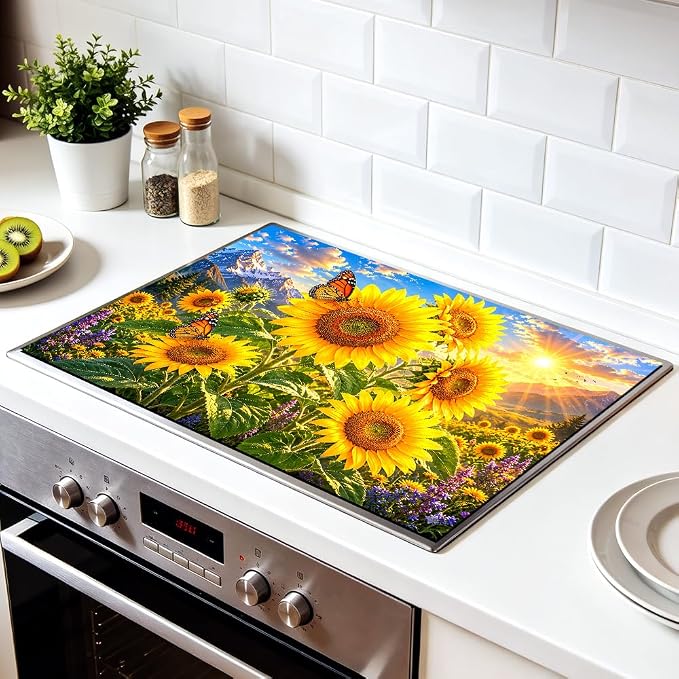 Sunflower Butterfly Stove Top Cover for Electric Stove, 28x20 In | Heat-resistant non-slip mat holds hot cookware; glass cooktop protector, dish drying, ironing pad; farmhouse kitchen decor