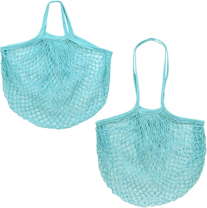 M METERXITY 2-Pack Cotton Mesh Bag, Reusable Washable Mesh Net String Grocery Bags, Reusable Produce Bags with Handle, Net Tote Bag for Fruits Shopping [Blue-Green, Long&Short Handle]