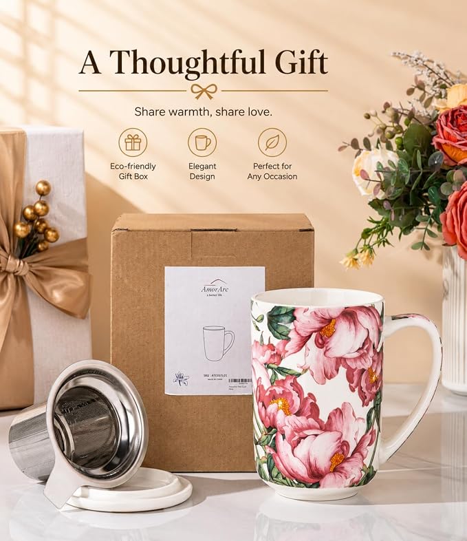 AmorArc Tea Cup With Infuser and Lid, 18oz Loose Leaf Tea Mug With Steeper | Porcelain Tea Mug With Infuser and Lid, Large Strainer Tea Cup with Lid for Tea, Coffee Mug for House-warming Birthday Gift
