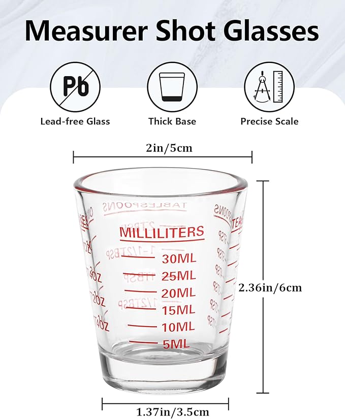 SAIAOKJ Shot Glass Measuring Cup Set, 6 Pack Espresso Shot Glasses (Red) | Glass measuring cups feature 26 markings up to 1 OZ, 2 TBS, 6 TSP, 30 ML for espresso, liquor, medicine and recipes