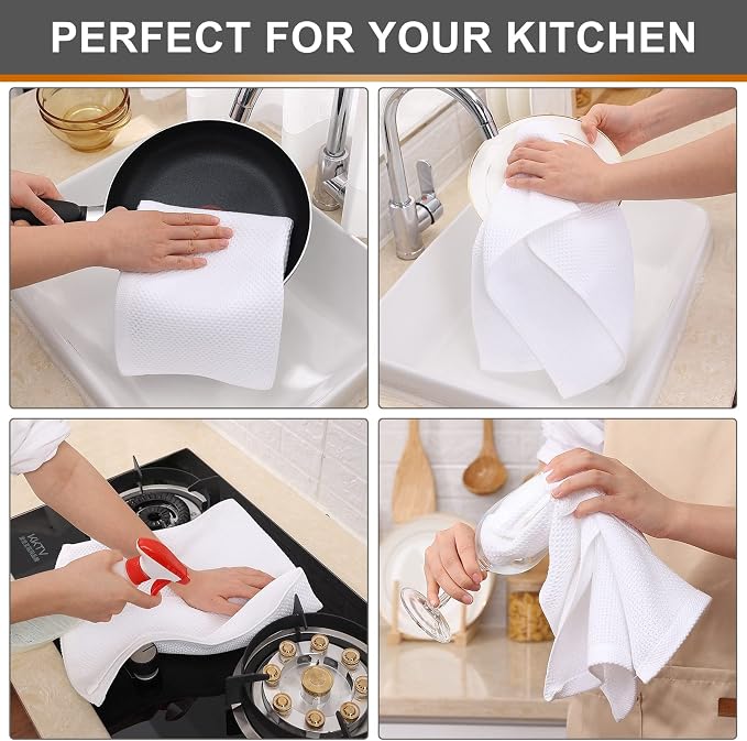 Kitinjoy 100% Cotton Waffle 8-Pack Kitchen Towels, 13" x 28", White | Super Soft, Ultra-Absorbent, Fast Drying, lightweight, Quick Drying Kitchen Hand Towels