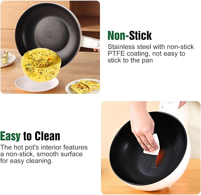 Hot Pot Electric with Steamer, 3L Non-Stick Frying Pan, Rapid Noodles Cooker Electric Pot for Steak, Egg, Fried Rice, Ramen, Soup with 2 Heating Power, Spatula