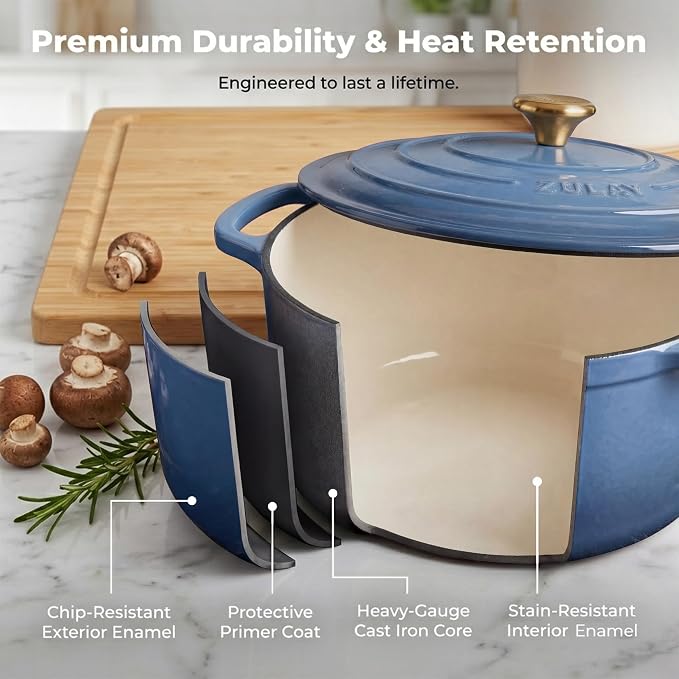 Zulay Kitchen 6.4QT Enameled Cast Iron Dutch Oven Pot with Lid, Heavy-Duty Soup Pot for Stews, Braising, Roasting & Sourdough Bread Baking, Oven Safe up to 500°F - Aquamarine