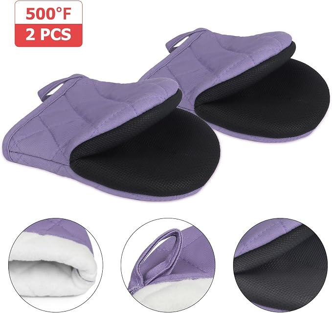 Goldmeet Mini Oven Mitts 2-Pack, 7"x5.5", 500°F Silicone Grip, Taro Purple | Non-Slip, Heat Resistant, Machine Washable, Hanging Loop, Fits Small Hands, for Baking Grilling BBQ Cooking