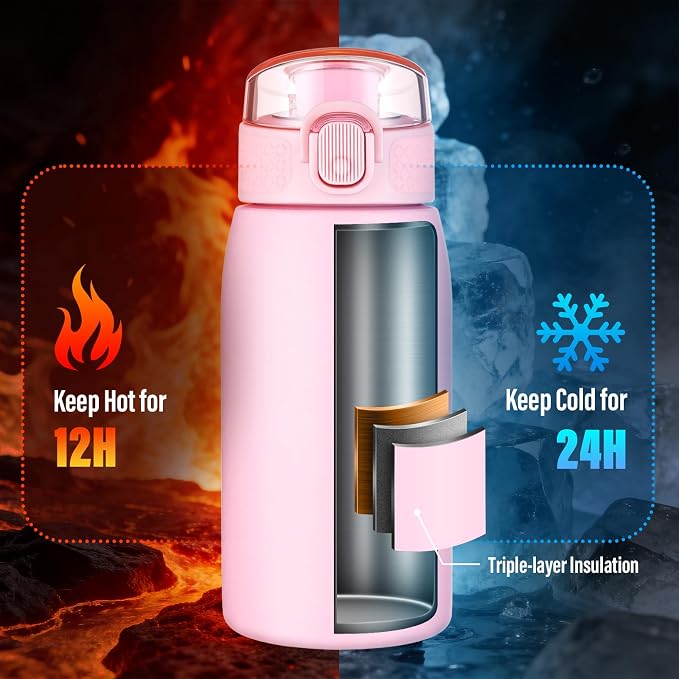 Insulated Water Bottle 12 oz with Dustproof Lid, Carry Handle & Tea Infuser, BPA-Free & Leakproof, Stainless Steel Water Bottles Ideal for Fitness, Hiking, Office & Outdoor Use （Water Pink ）