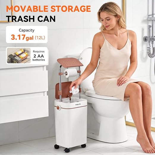 Pukomc Automatic Trash Can, 3.2 Gallon Bathroom Garbage Can | Mobile Rolling Wheels, Height-Adjustable Stand Tilting, Technology Sensor Waterproof Wastebasket for Bedroom Office Bathroom