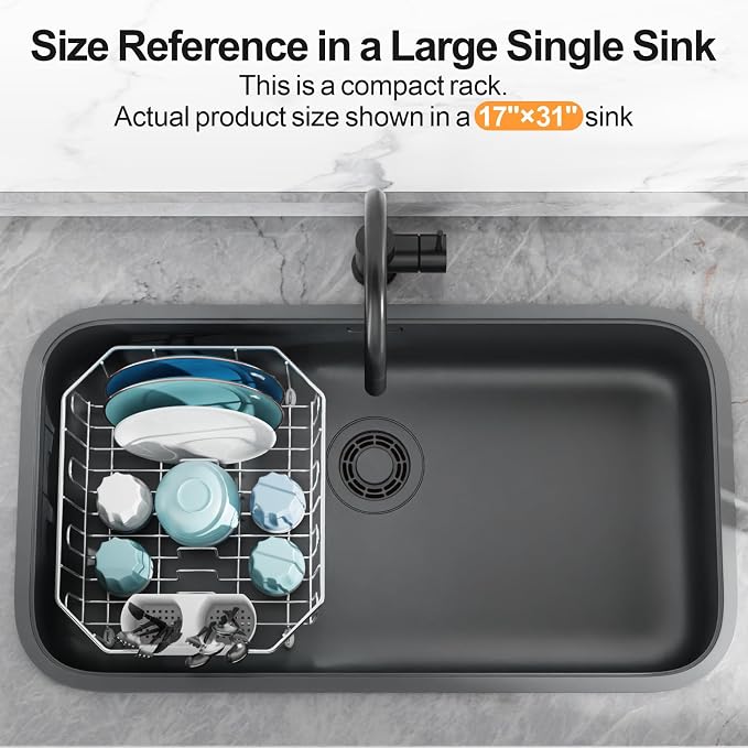 Small in Sink Dish Drying Rack - Stainless Steel for RV Kitchen | Compact Design for Apartments, Angled Corners Fit Square & Round Sinks, Utensil Holder, Cup Hooks, 1-2 Person, 11.6" x 13.4"