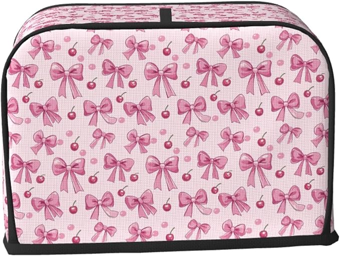 2 Slice Toaster Cover Pink Bow Pattern Cherry Dust Proof Washable Kitchen Appliance Cover with Pocket, Oxford Fabric Countertop Toaster Protector for Standard Toasters Small Appliances