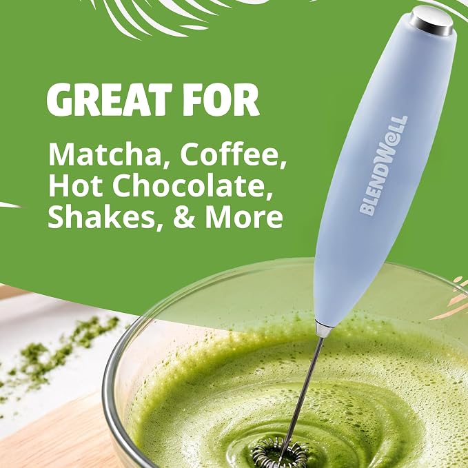 BlendWell Electric Milk Frother for Matcha and Coffee, Handheld Battery Operated Drink Mixer with Stand, Stainless Steel Whisk, Light Blue