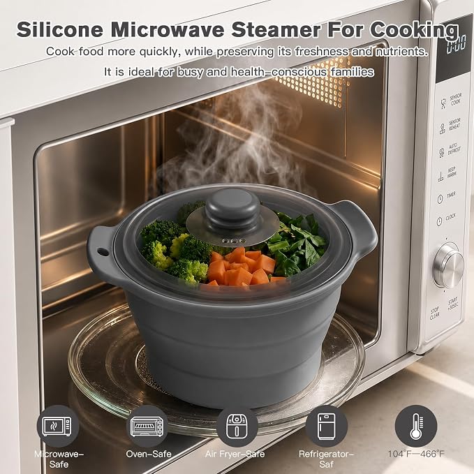 42oz Silicone Microwave Food Steamer with Steam Basket, Collapsible Steamer for Cooking Vegetable, Seafood, Dumplings, Rice Cooker, BPA Free Small Steam Pot with Handle & Lid, Dishwasher Safe (Grey)