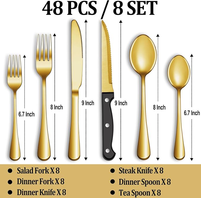 48 Pcs Gold Silverware Set with Steak Knives, Stainless Steel Flatware Cutlery Set for 8, Kitchen Tableware Sets, Utensil Sets for Home and Restaurant, Dishwasher Safe