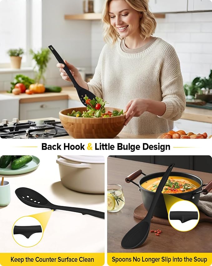 Pack of 2 Silicone Cooking Spoons, Non Stick Solid Kitchen Spoon with Measuring Marks & Back Hooks, Heat Resistant Silicone Slotted Spoon for Cooking, Mixing, Stirring,Serving (BLACK)