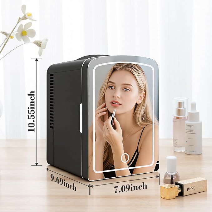 Mini Fridge, 4 Liter /6 Cans Makeup Fridge with Dimmable LED Mirror - Black | Compact Mini Skincare Fridge for Beauty & Beverages, Dual-use Portable Tiny Fridge for Bedroom, Desk, Office, Home, Car, Gift