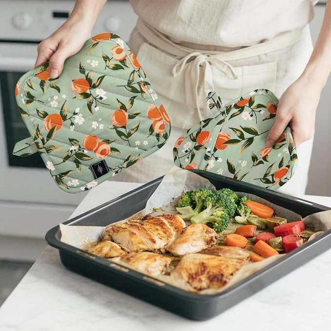BONTHEE Pot Holders for Kitchen Heat Resistant Hot Pads for Countertops Oven Pot Holders Cotton Potholders for Kitchen Cooking Baking (Watercolor Apricot)