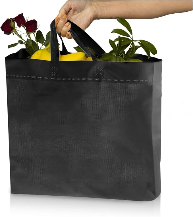 Simply Cool 400 Pack Reusable Grocery Bags, Medium Tote Bags Bulk, Black | 12.6"x6.3"x11.8" Heavy Duty Non-woven Custom Shopping Bags with Handles, Foldable, Washable for Retail and Commercial use