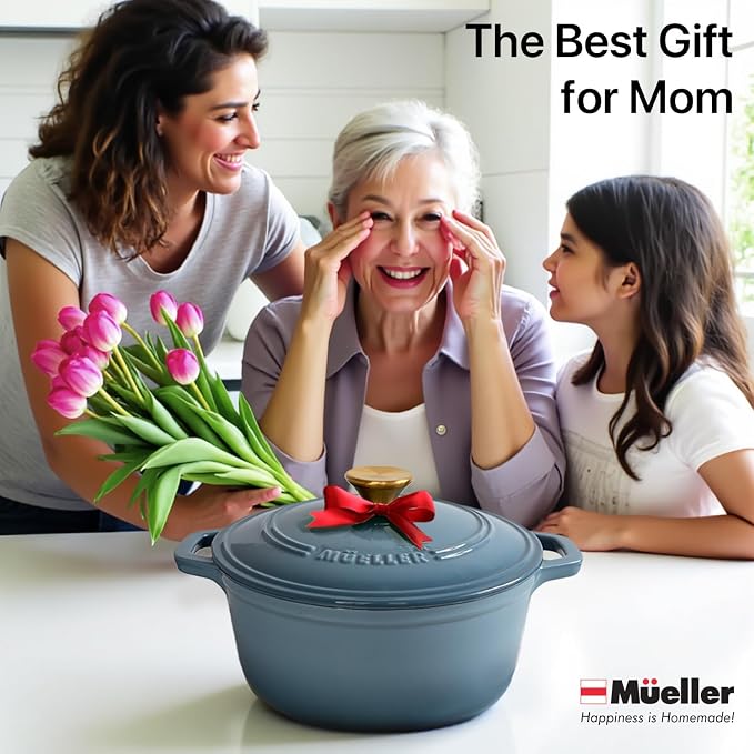 MUELLER HOME 6 Quart Enameled Cast Iron Pot Dutch Oven, Heavy-Duty | Oven-Safe to 500°F, For All Cooktops, Bread Pan with Lid & Knob, Cast Iron Cookware, Blue Kitchen Accessories, Mineral Blue