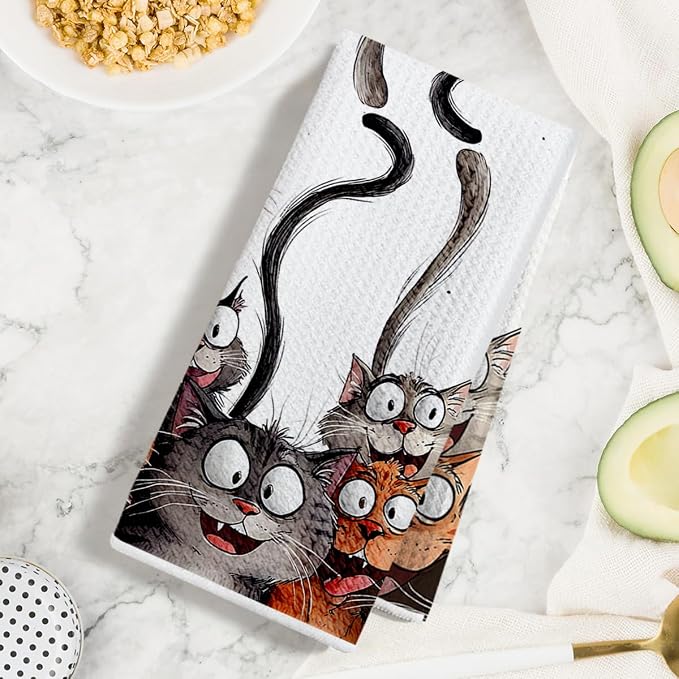 Jztco 2 Pcs Cute Cat Kitchen Towels, Cats Soft Absorbent Hand Tea Towels | Cat Lover Gifts for Women Mom Microfiber Dish Cloths for Drying Dishes, Waffle Dish Towels for Kitchen Home Bathroom Decor