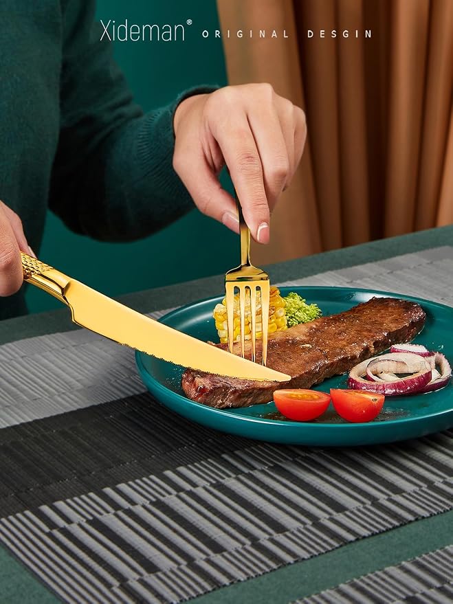16-Piece Luxury Gold Hammered 18/10 Stainless Steel Silverware Set | Ultra Sharp 2-IN-1 Serrated Knives, Premium Titanium Coating, Non-Slip Handle, Service for 4, Rust Resistant, Dishwasher Safe