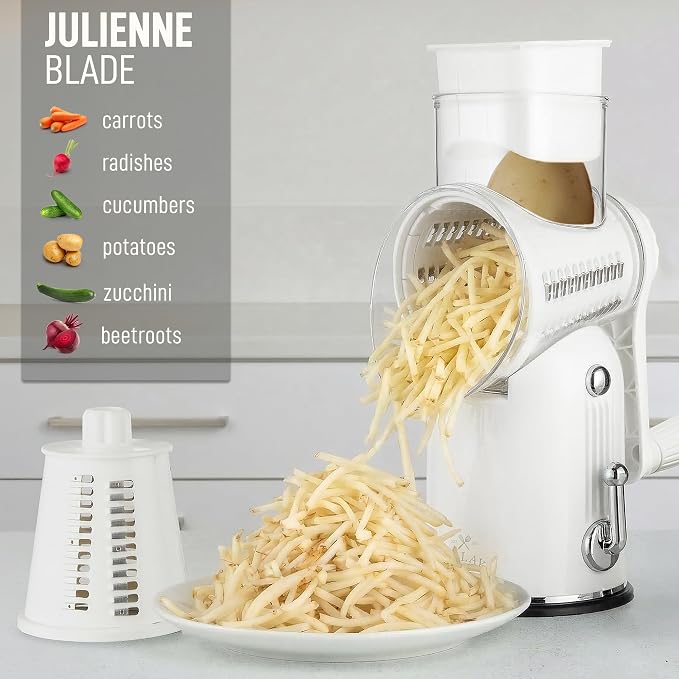 Zulay Kitchen Rotary Cheese Grater 5 Blade Cheese Shredder - Manual Hand Crank Cheese Grater With Reinforced Suction & 5 Interchangeable Drums - Easy to Use, Vegetable Chopper Round Mandoline Slicer