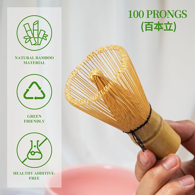 YIBO Matcha Whisk Set, Matcha Making Kit Bamboo Whisk (Chasen), Pink Printing Ceramic Whisk Holder Stand, Sifter, Scoop Japanese Tea Tools For Ceremony Gift
